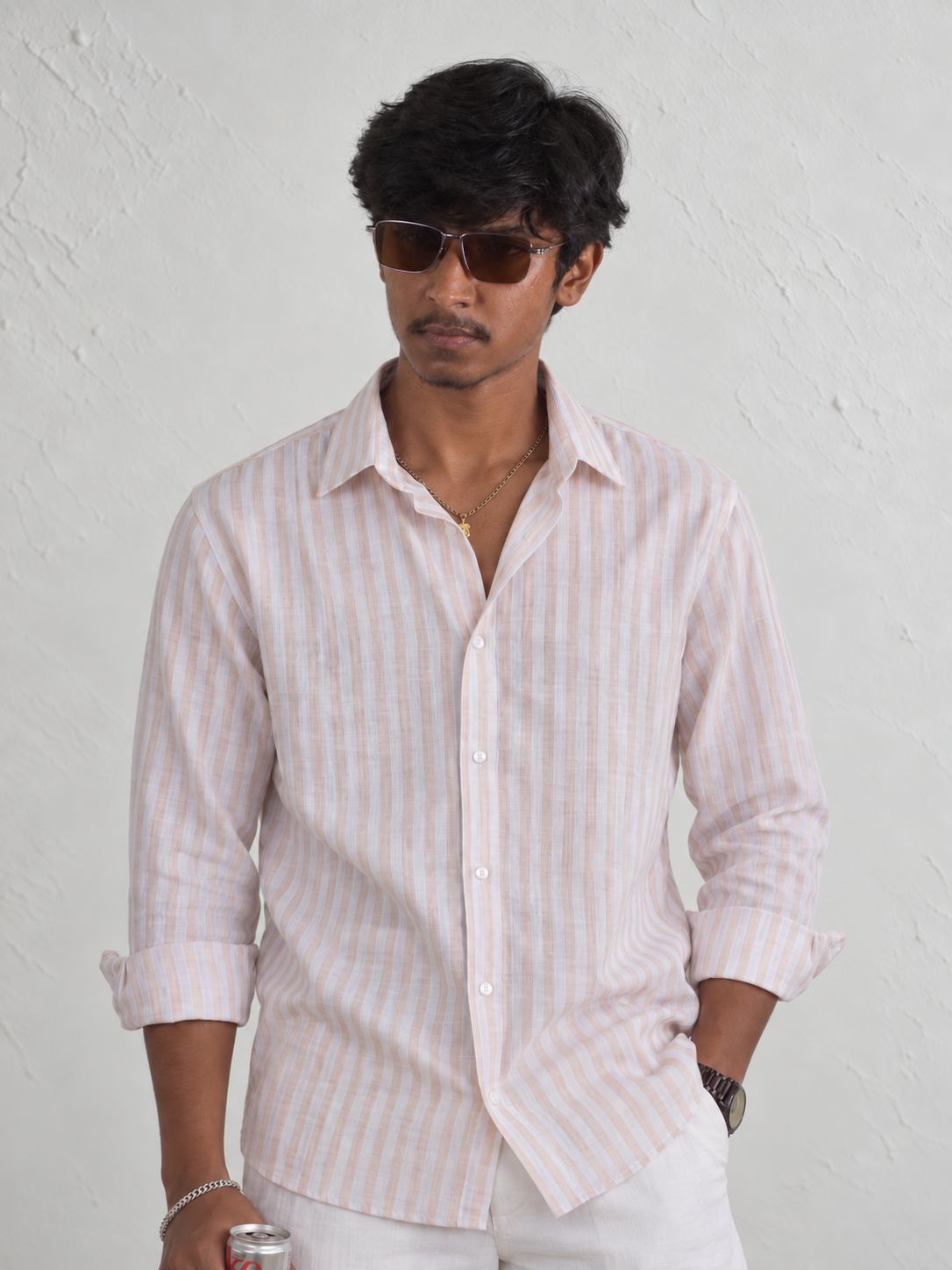 ULVEN Blush Pink Men’s Striped Linen Shirt