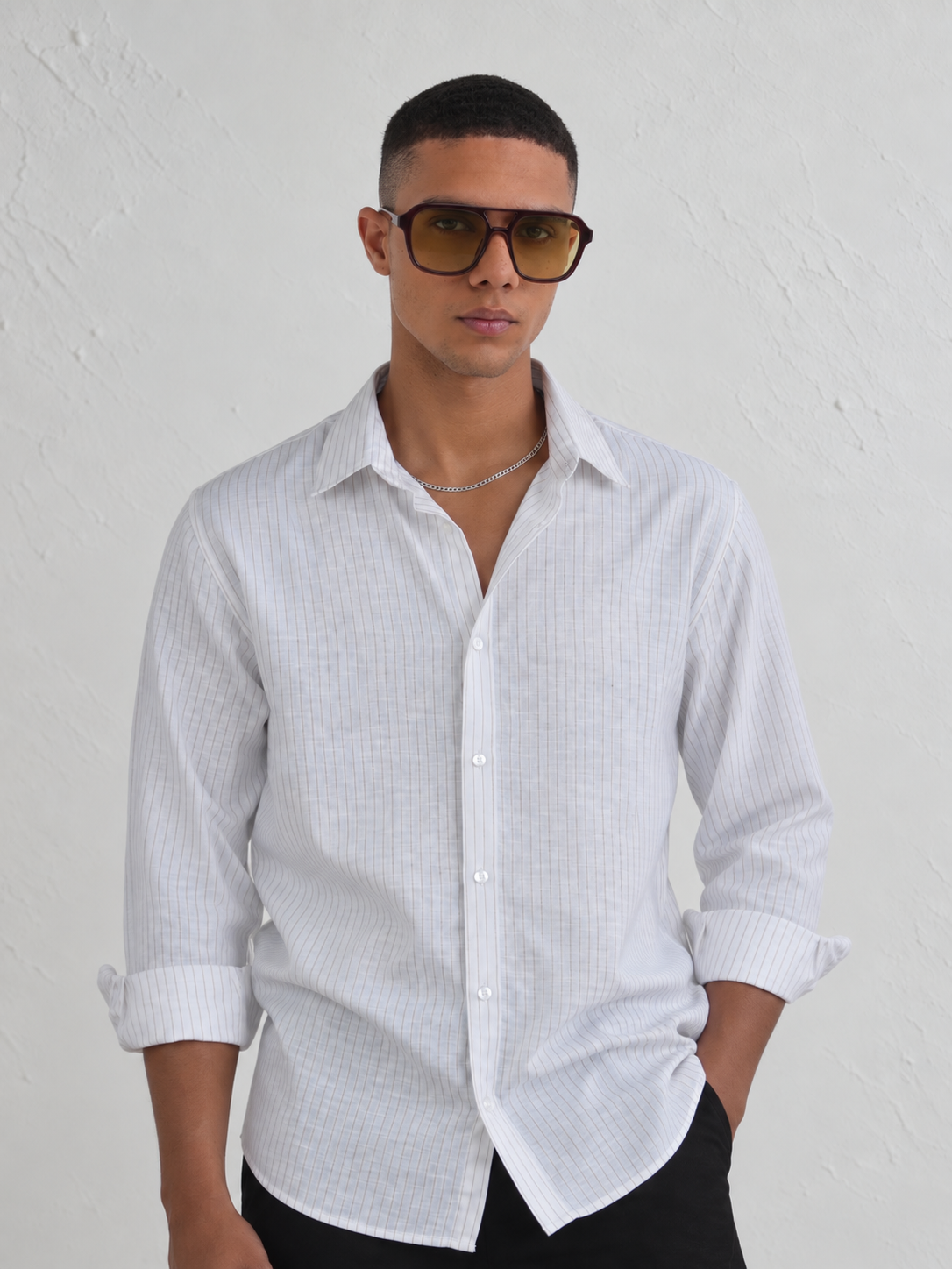 ULVEN Ivory Brown Men’s Striped Linen Shirt