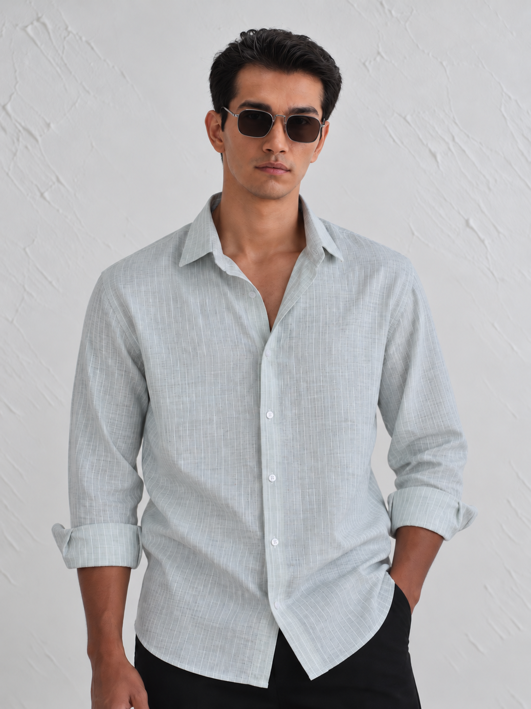 ULVEN Sage Green Mens Striped Linen Shirt — view 1