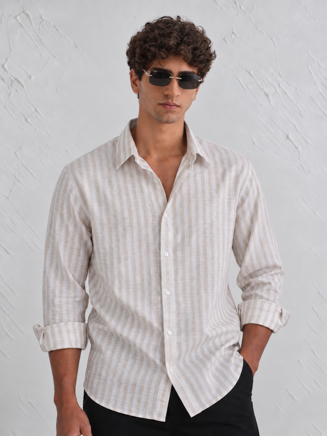 ULVEN Sand Beige Mens Striped Linen Shirt